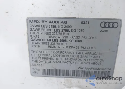 2021 Audi Q5 Premium 45 Tfsi Quattro S Tronic из США, поврежденный, VIN WA1AAAFY8M2067874